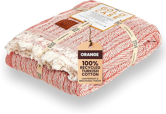 Gold Case Throw Blanket for Couch – 100% Recycled Turkish Cotton Blankets & Throws – Elegant Decorative Throw Blankets for Living Room Sofa – Woven Throws for Couch – Vintage Orange – 50x60