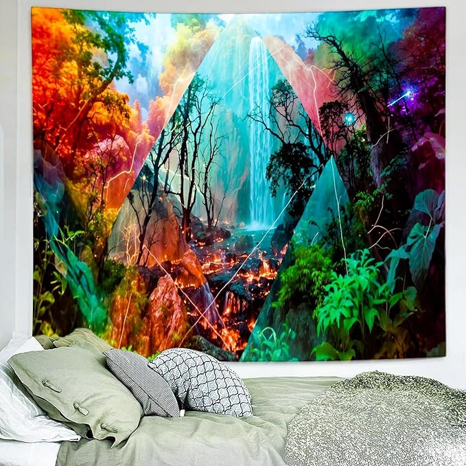 Delur Forest Tapestry Waterfall Mountain Rainforest Sunset Nature Tree Tapestry Wall Hanging Scenic Tropical Landscape Natural Sunrise Headboard for Bedroom Living Room Home Decor (51.2" x 59.1")