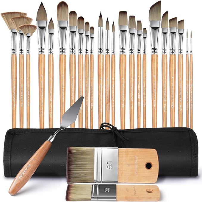 Fuumuui 26pcs Paint Brushes, Professional Acrylic Paint Brush Set Artists Complete Range of Sizes with Upgraded Short Handle Wide Flat & Palette Knife for Acrylic, Oil, Watercolor, Gouache