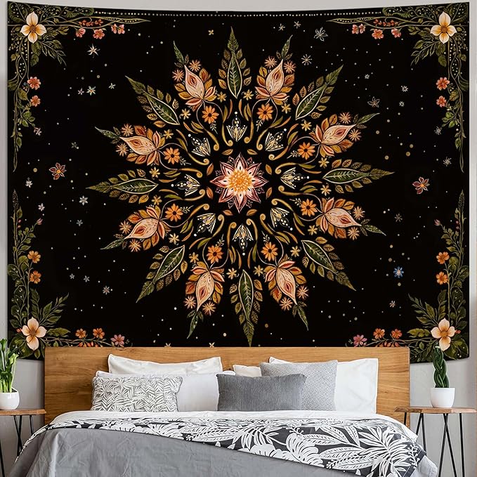 Fowocu Boho Floral Mandala Tapestry for Bedroom Aesthetic Vintage Bohemian Flower Wall Tapestry Black Green Hippie Indian Extra Large Tapestries Wall Hanging for Living Room Dorm Decor 90 x 68 Inch