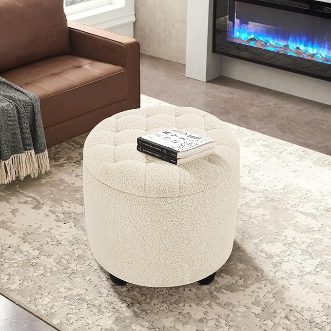 Furniliving Modern Round Storage Ottoman,Button Tufted Ottoman Foot Stools Ottoman Footstool with Removable Lid Storage Ottomans for Living Room, Bedroom, Makeup Room，Sherpa, IvoryWhite