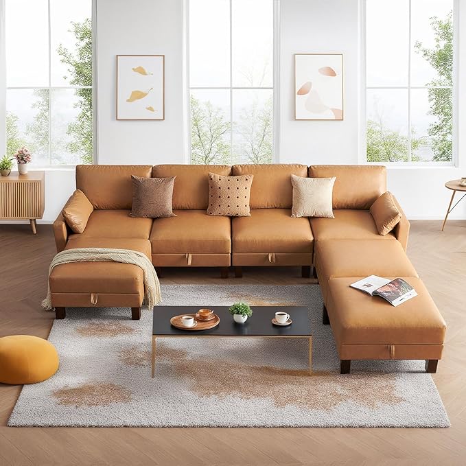 Faux Leather Modular Sofa Couch 128" Modern 7-Seat Sofa with Chaises, Upholstered Sectional Couch with Wood Square Legs for House, Living Room, Reception Room, Apartment, Tan