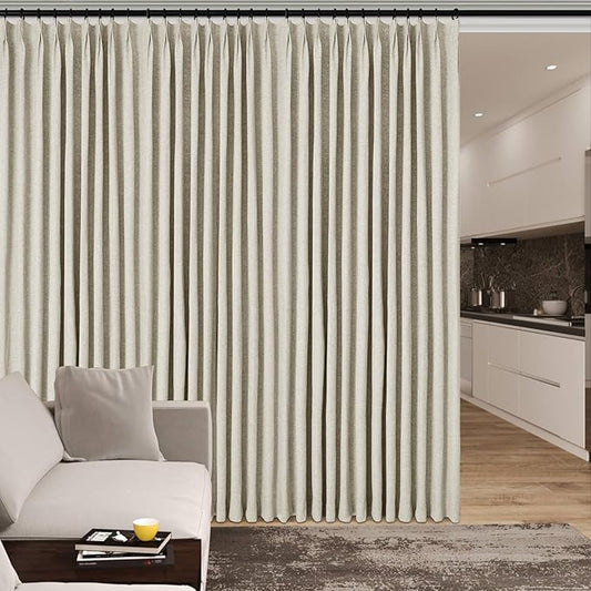 100" W x 96" L Faux Linen Room Divider Curtains, Full Blackout Pinch Pleated Drapes for Traverse Rod, Bedroom Divider Privacy Drapery with Hooks for Ceiling Track, 1 Panel, Ivory White