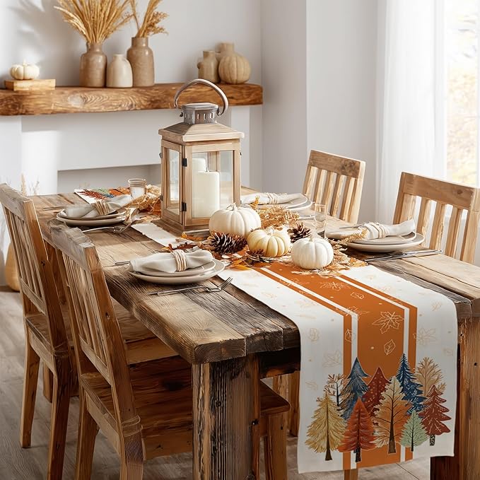 GEEORY Fall Watercolor Trees & Maple Leaves Striped Table Runner 13x120 Inch, Rustic Farmhouse Autumn Thanksgiving Decor for Kitchen, Dining, Indoor/Outdoor Holiday Dinner Party Orange GT157-120