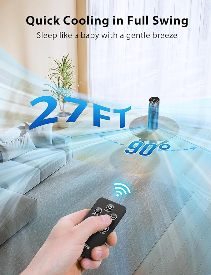 Grelife Tower Fan with Remote Control, Fast Cooling Desktop Fan, 90° Oscillation, 3 Speeds, 3 Wind Modes, Touch Screen, Auto Timer, Ideal for Home, Office Bedroom