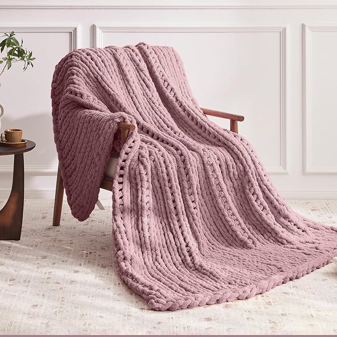 Chunky Knit Throw Blanket, 50''*60'' Knitted Throw Chenille Yarn for Bed Couch, Handmade Muted Pink Crochet Big Thick Blanket, Machine Washable Cute Comfy Blanket for Home Decor