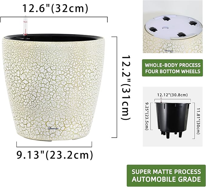 Dexceder 13x12 Self Watering Planter with Wheels Indoor Outdoor, Inner Pot Design, Thickened Large Floor Standing Flower Plant Pot with Water Level Indicator (White Gold Crackle)
