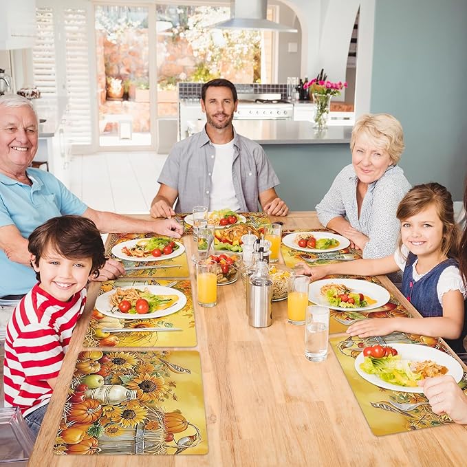 Fall Placemats Set of 6 Thanksgiving Pumpkin Plastic Table Mats Farmhouse Rustic Fall Autumn Place Mats Washable Vinyl Rustic Holiday Table Decoration for Indoor Outdoor Party Kitchen Dining