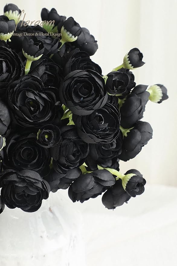 Floroom Ranunculus Artificial Flowers 18 Pcs Black Faux Silk Mini Ranunculus Bulk Fake Wedding Filler Flowers for DIY Bouquets, Centerpieces, Bridal Shower Decorations & Arrangements