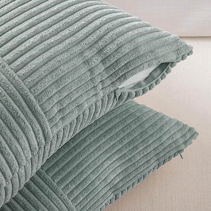 Fancy Homi 2 Packs Grey Blue Lumbar Decorative Throw Pillow Covers 14x24 Inch for Couch Bed Sofa, Rustic Farmhouse Boho Home Decor, Soft Striped Corduroy Rectangle Accent Cushion Case 35x60 cm