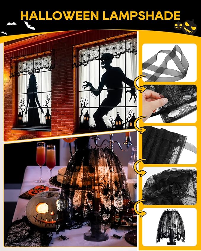 eZAKKA 5 Pack Halloween Decorations Indoor Halloween Spider Web Tablecloth Table Runners Fireplace Mantel Scarf Cobweb Lampshade Scary 3D Bats for Parties Gothic Spooky Home Decoration
