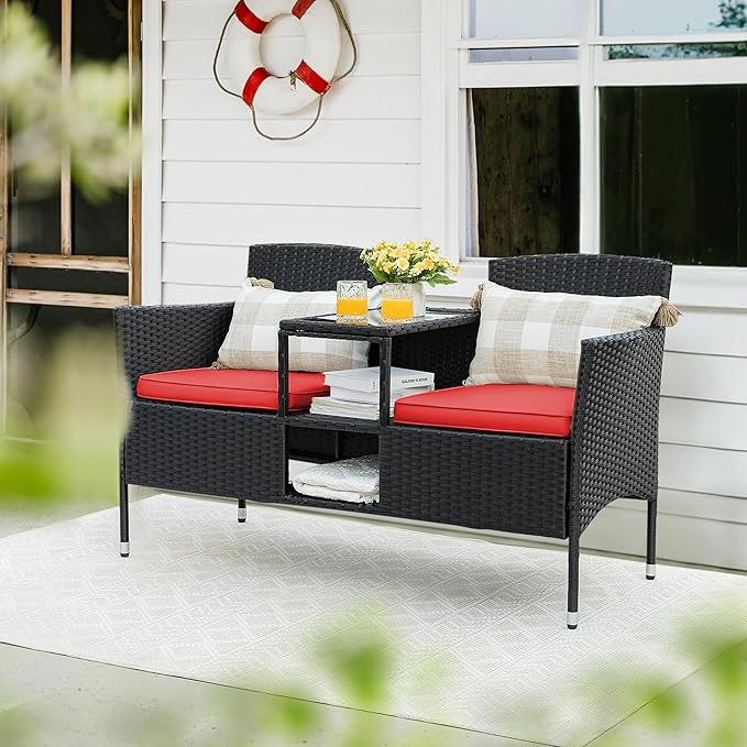 Flamaker Outdoor Furniture Patio Loveseat Wicker 2-Seat with Built-in Table and Cushions Rattan Porch Chairs Bench for Balcony, Lawn, Backyard (Red)