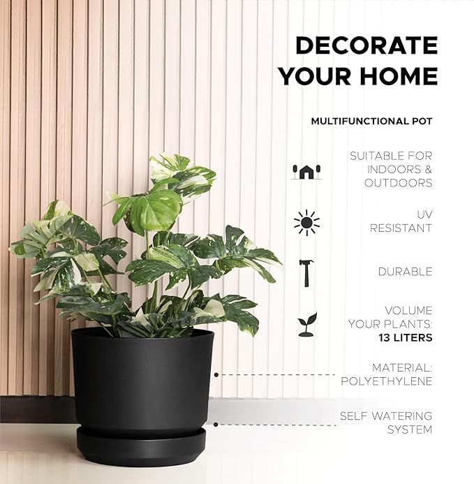 Elly Décor 14 inch Plastic Cylinder Planter Pot with Self-Watering Saucer and Drainage Hole,Lightweight & Extremely Durable, 14"x 14", Black