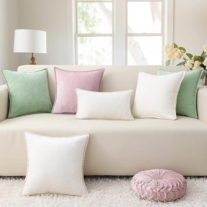 decorUhome Chenille Soft Throw Pillow Covers 26x26 Set of 2, Farmhouse Velvet Neutral Decorative Euro Pillow Covers with Stitched Edge for Couch Sofa Bed Home Decor, Blush Pink