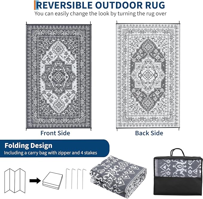 GAOMON Outdoor Patio Rug 9x12 Waterproof Reversible Plastic Straw Rug, Large UV-Resistant Portable RV Camping Mats, Indoor Outdoor Rugs for Outside Deck Porch Garden RV, Gray & White