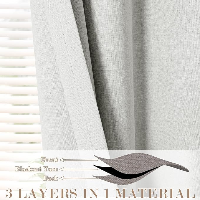 Extra Wide 100% Blackout Linen Textured Curtains - Room Dividers, W150 x L108 (1 Panel), Pinch Pleat Drapes for Living Room, Full Light Block Out Drapery for Sliding Door, Greyish White