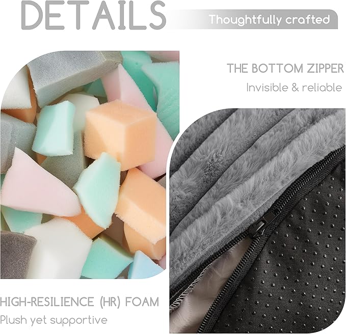 HIGOGOGO Round Stuffed Pouf Ottoman, Stripe Faux Fur Poufs with Foam Chunk Filling, Furry and Fluffy Pouf Foot Stool Storage Ottoman, 26 X 18 Floor Poufs Foot Rest for Living Room, Grey