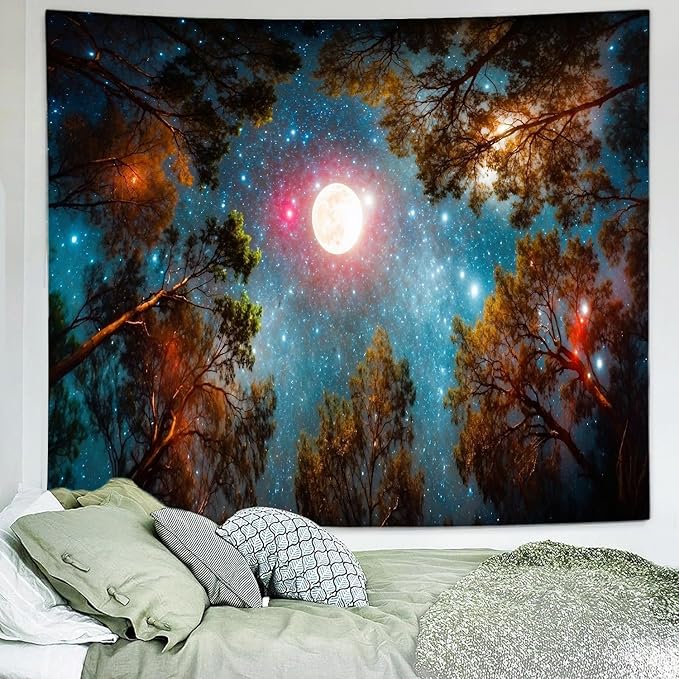 Delur Forest Tapestry Galaxy Moon Stars Night Space Starry Sky Wall Hanging Tapestry Aesthetic Tree Nature Landscape Psychedelic Headboard for Bedroom Living Room Home Decor (70.8" x 92.5")
