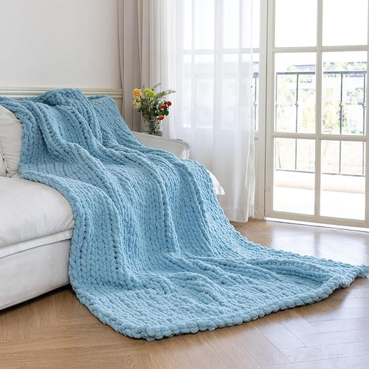 Chunky Knit Blanket - Luxury Soft Cozy 60 * 80 Throw Blanket,100% Woven Blanket Rope Knot Throw Blanket for Couch, Sofa, Home Decor, Gift - Machine Washable（Light Blue）