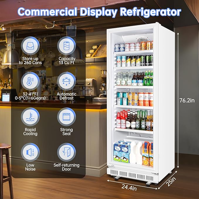 Commercial Beverage Refrigerator, 24.5 Inch 15 Cu. Ft. Drink Fridge, Display Refrigerator with Glass Door, Commercial Display Fridge with 5 Adjustable Shelves, for Shops, Restaurants, Bars
