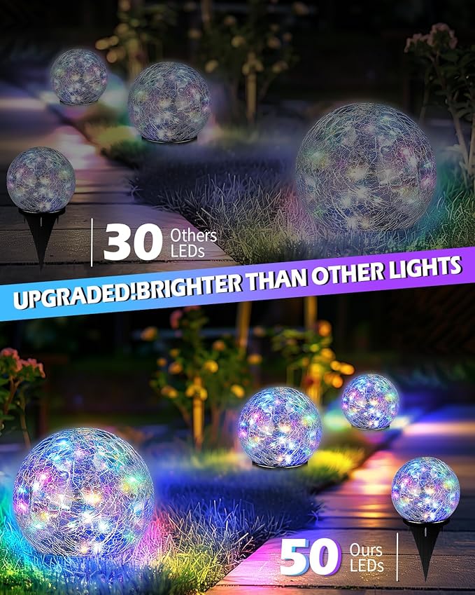 Garden Solar Ball Lights Outdoor Waterproof, 50 LED Cracked Glass Globe Solar Power Ground Lights for Path Yard Patio Lawn, Outdoor Decoration Landscape Colorful(2 Pack 4.7'')