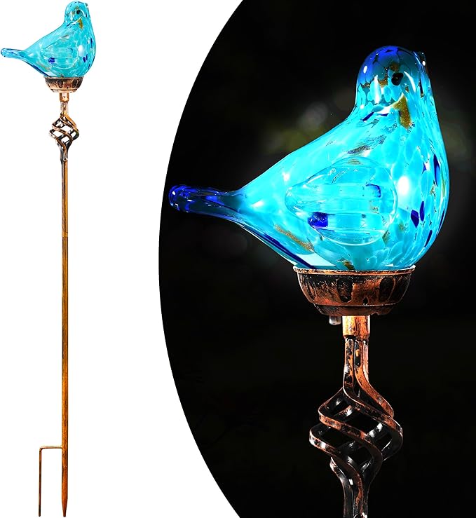 Decorative Solar Lights, Outdoor Solar Bird Stake Lights, Hand Blown Glass Decorative Garden Pathway Lights Outdoor Waterproof Glass Stakes (Light Blue)