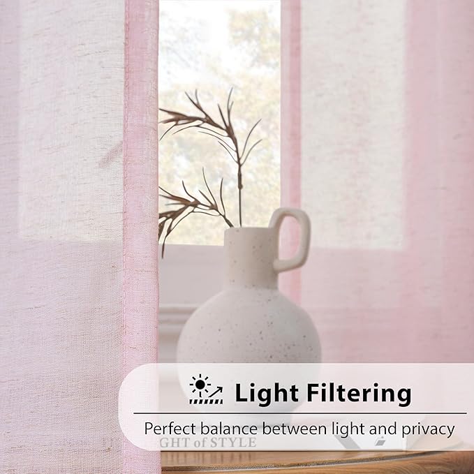 FMFUNCTEX Linen Sheer Curtains for Bedroom, Pink Curtains 96 inches Long for Living Room, Blush Pink Farmhouse French Flax Blend Window Draperies, Rod Pocket 2 Panels Set