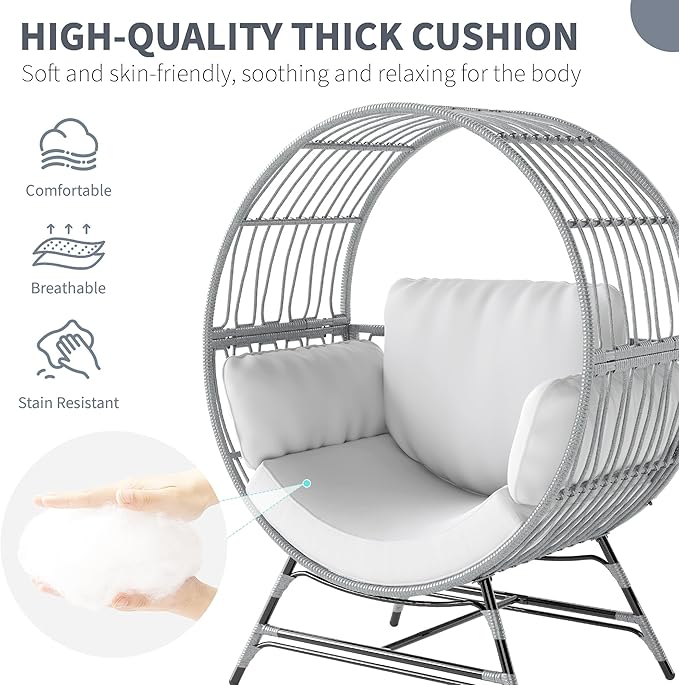 Egg Chair Outdoor Indoor, Oversized Rattan Chair with Thicken Cushion, 350LBS Capacity Wicker Patio Lounge Chair, Basket Chair for Living Room Balcony Porch Backyard, Grey/Light Grey