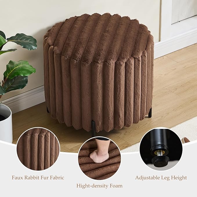 Furniliving Modern Round Ottoman, Large Size Bedroom Ottoman Footstool Round Ottomans Stool for Living Room, Bedroom, Makeup Room, Brown, Faux Fur