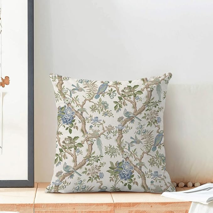 CXMEIFLY Chinoiserie Spring Pillow Covers 18 x 18 Inch Set of 2 for Blue Sage Green Vintage Flowers Bird Decor Throw Pillows Plant Farmhouse Outdoor Decorative Cushion Cases for Couch Bed Decorations