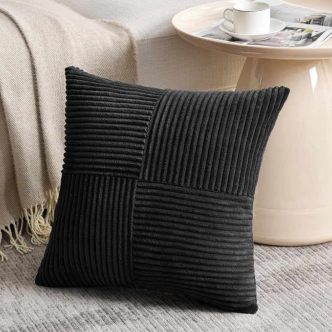 Fancy Homi 2 Packs Black Decorative Throw Pillow Covers 20x20 Inch for Living Room Couch Bed Sofa, Rustic Farmhouse Boho Home Decor, Soft Corss Corduroy Patchwork Accent Square Cushion Case 50x50 cm