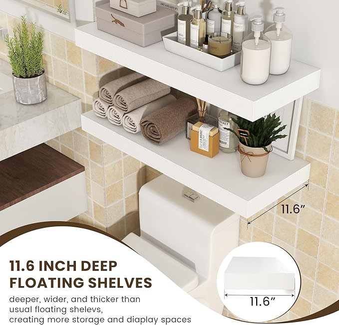 Deep Floating Shelves | 30 Inch Floating Shelves for Wall Set of 2 | 12 Inch Deep White Shelves for Living Room Bathroom Laundry Room Bedroom Kitchen Home Office - White