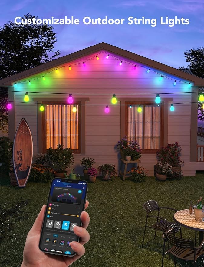 Govee Smart Outdoor String Lights H7029, 24ft RGBIC Outdoor Lights with 8 Dimmable LED Bulbs, IP65 Waterproof, Color Changing Warm White Lights with 47 Scene Modes for Patio, Backyard, App Control