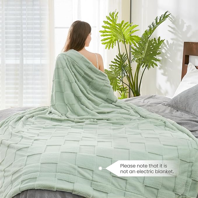 Cozy Bliss Checkered Faux Rabbit Fur Sage Green Throw Blanket, Soft Fuzzy Fluffy Minky Furry Blankets for Couch, Bed (50 * 60 Inches Light Green)