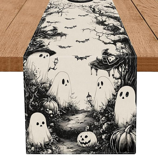 GPGHE Halloween Table Runner Black Ghost Holiday Burlap Table Decoration Indoor Outdoor Home Decor Party Supply 13 x 90 Inch