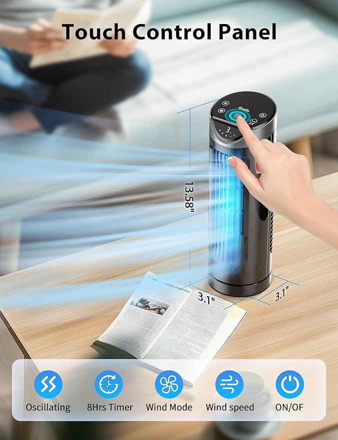 Grelife Tower Fan with Remote Control, Fast Cooling Desktop Fan, 90° Oscillation, 3 Speeds, 3 Wind Modes, Touch Screen, Auto Timer, Ideal for Home, Office Bedroom