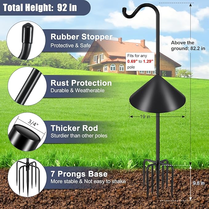 Gtongoko Bird Feeder Pole Squirrel Proof 92 Inch Shepherds Hook for Outdoor with Squirrel Baffles Adjustable Heavy Duty with 7 Prongs Base for Hanging Plants, Bird Feeders, Black