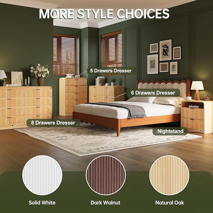 FURSUN 24" Fluted Nightstand Set of 2 with Charging Station, Wooden End Table with 2 Drawers Storage, Curved Profile Design, Modern Bedside Cabinet for Bedroom Living Room, Natural Oak