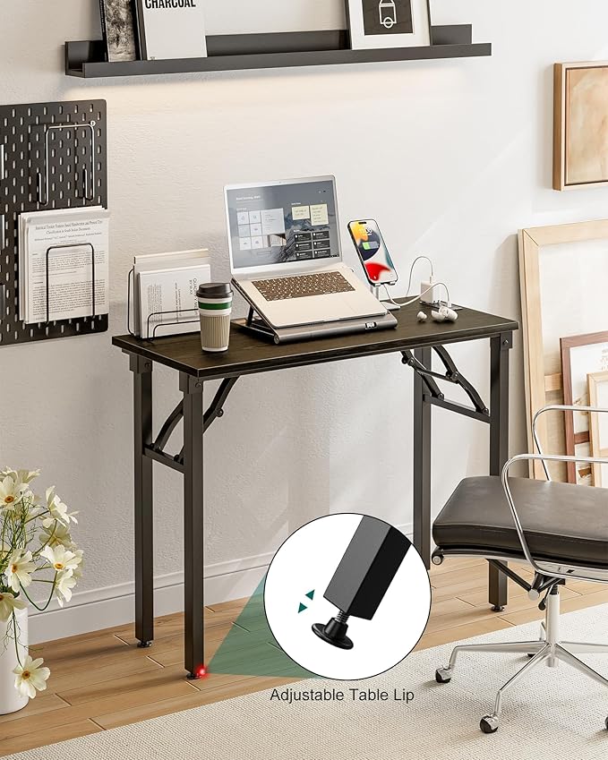 Frylr Small Folding Computer Desk – 35.8 Inch Portable Table for Craft and Study, Lightweight Desk for Small Spaces, Foldable Laptop Table Built-in AC/USB Outlets for Convenience, Dark Oak