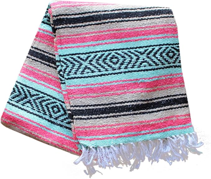 Del Mex Classic Mexican Blanket, Large Authentic Woven Falsa Throw (70"x50"), Artisan Southwest Décor for Beach, Yoga, Outdoors (Mint/Tan/Pink)
