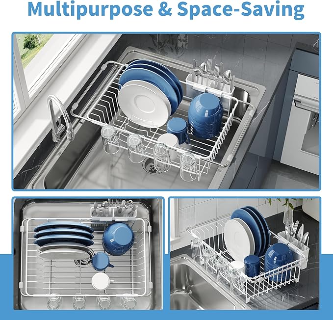Dish Drying Rack in Sink, Small Dish Drainers for Inside Sink, Over The Sink Dish Racks, Stainless Steel Drying Rack with Utensil Holder, White