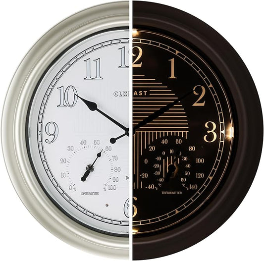 CLXEAST 18 Inch Illuminated Outdoor Indoor Atomic Analog Wall Clock with Temperature & Humidity Combo, Lighted Outdoor Clocks for Patio Large Waterproof with Thermometer, Modern Morning Silver/Gold