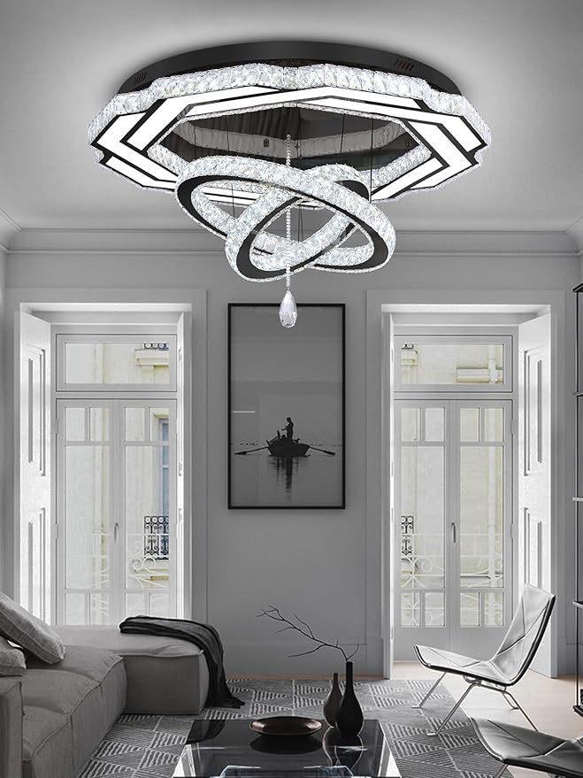 Flashing God Large Crystal Chandelier Dia 48" Black Chandelier Flush Mount Ceiling Light for Bedroom Living Room Dining Room Hallway Dimmable 3 Rings LED Celing Lighting Fixtures