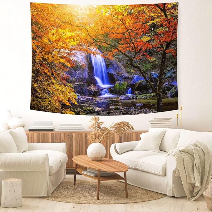 Delur Waterfall Tapestry Forest Nature Scenic Tree Mountain Sunset Tapestry Wall Hanging Natural Landscape Sunrise Headboard for Bedroom Living Room Home Decor (51.2" x 59.1")