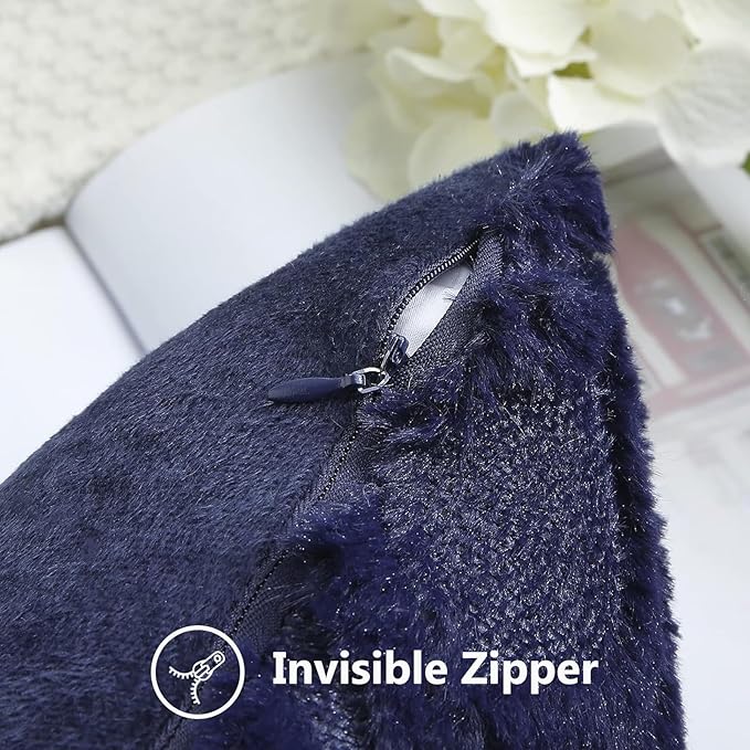 decorUhome Fall Throw Pillow Covers 22x22 Inch Set of 2, Soft Plush Decorative Faux Fur Navy Blue Solid Couch Pillow Covers, Accent Farmhouse Neutral Square Euro Pillow Cases for Sofa Bed Living Room