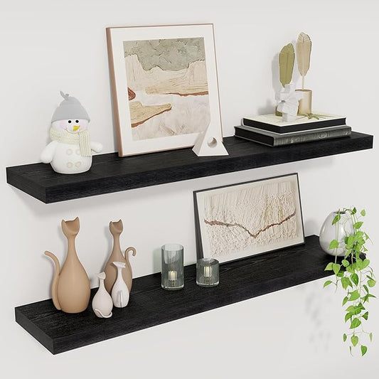 Fun Memories Floating Shelves for Wall, 30" Rustic Wood Deep Wall Mounted Shelves with Invisible Brackets for Decor & Storage, Floating Shelf for Living Room, Bathroom (Black, Set of 2)
