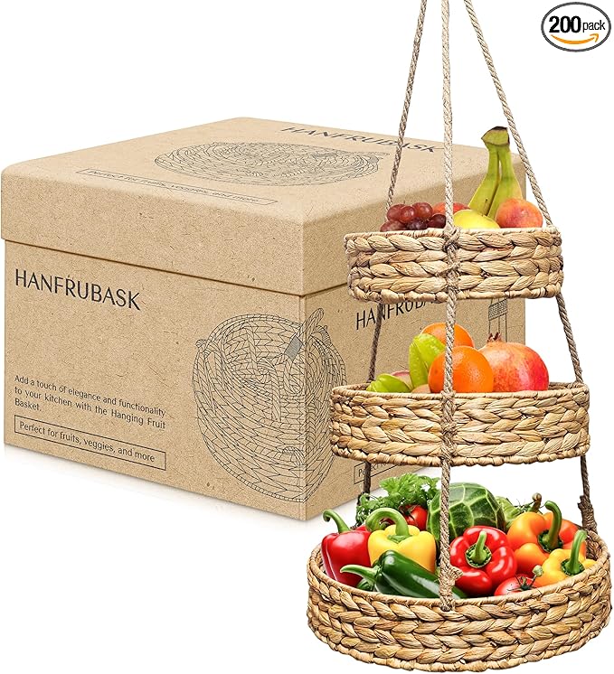Generic HANFRUBASK - Hanging Fruit Basket Set of 3, Woven Water Hyacinth, Round, Beige, Rustic, Kitchen Storage & Organization