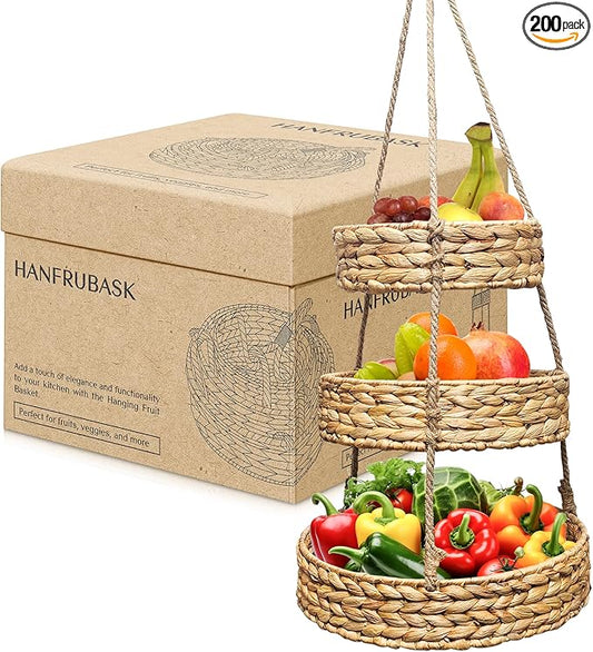 Generic HANFRUBASK - Hanging Fruit Basket Set of 3, Woven Water Hyacinth, Round, Beige, Rustic, Kitchen Storage & Organization