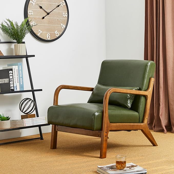 Glitzhome Mid Century Hunter Green Accent Armchair, Single Reading Armchair PU Leather Lounge Chair with Walnut Ruberwood Frame
