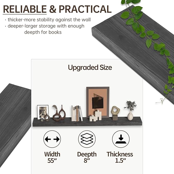 Floating Shelves for Wall, USA-Sourced Fir Wood 55 Inch Wall Shelves Set of 1, Natural Rustic Solid Wooden Floating Shelves Wall Mounted, Nursery Book Storage Shelf, Display Shelf for Bathroom